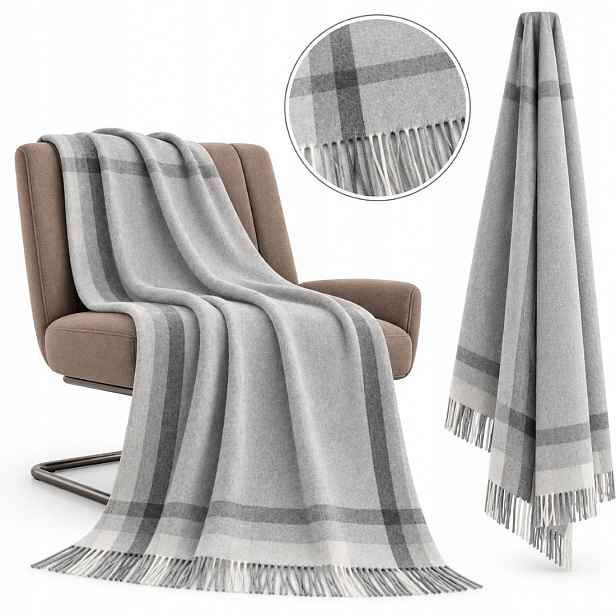 Vlněná deka s kašmírem 140x200 šedá elegantní kostkovaná jemná