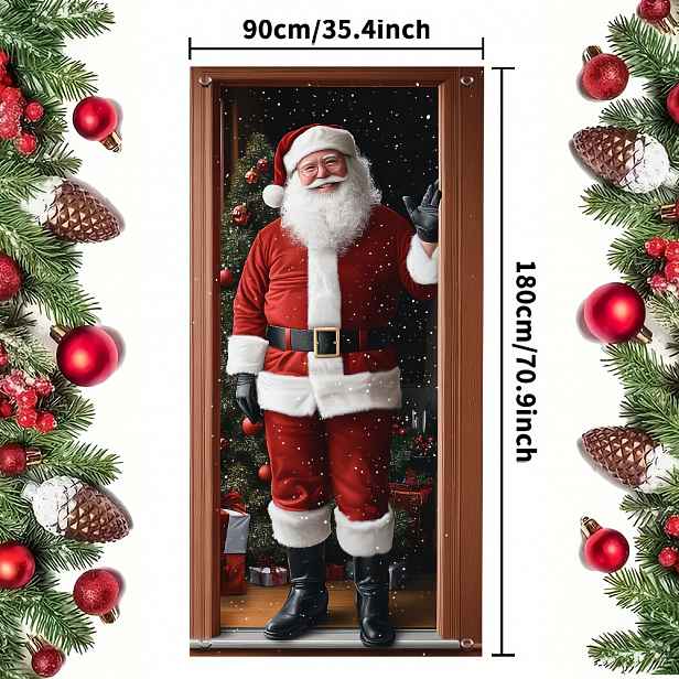 TEMU 2D Dveřní Banner, Santa Claus Vánoční Kryt Dveří - 35.4" x " Polyester, Perfektní pro Sváteční Dekorace, Multifunkční, Zimní Večírek, Živé