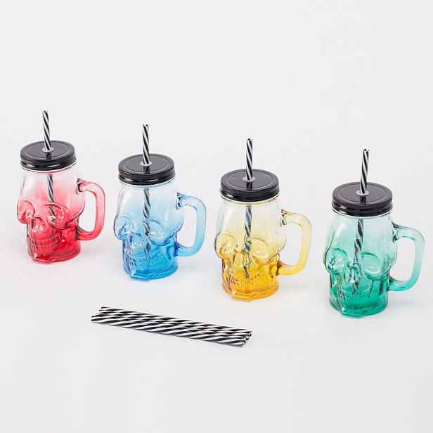 Relaxdays SKLENICE Barevná 4-dílná-sada lebka s víčkem a brčkem 500 ml