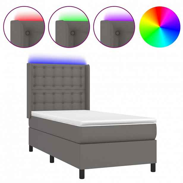 vidaXL Box spring postel s matrací a LED šedá 80 x 200 cm umělá kůže