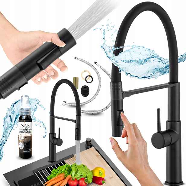 Kuchyňská baterie Černá s Elastickým výtokem Vysoká, dřezová