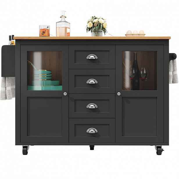 OKWISH KUCHYŇSKÝ ostrůvek 137,9/73/92,5 cm černý z MDF a kovu s klopnou deskou a kolečky