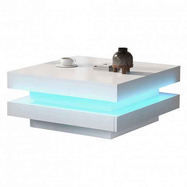 STILVORA KONFERENČNÍ STŮL v bílé barvě s LED osvětlením do obýváku, 70×70×36 cm
