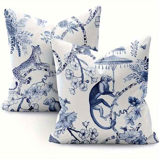 TEMU 2ks Chinoiserie Modré a bílé plyšové potahy na polštáře, 18x18 palců - Elegantní květinový a zvířecí design, zip, strojní praní - Ideální pro