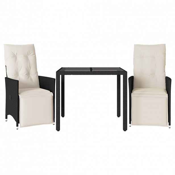 vidaXL 3dílný bistro set s poduškami černý polyratan