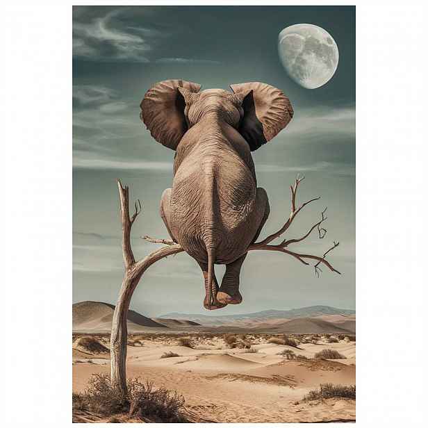 TEMU Snový Plakát na Plátně Slon & Měsíc - Surrealistická Pouštní Scéna, Nezarámovaná Dekorace na Zeď, 12x18 palců