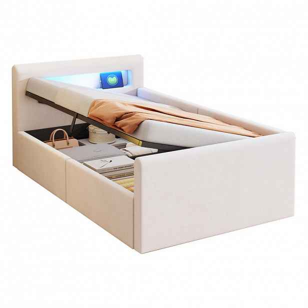 Redom DĚTSKÁ postýlka 90/200 cm s LED osvětlením, USB portem a hydraulickým úložným prostorem, samet, Béžová
