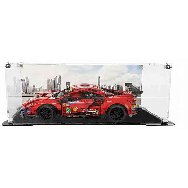 Vitrína s černou základnou a pozadím pro sadu Lego 42125 Technic Ferrari 488