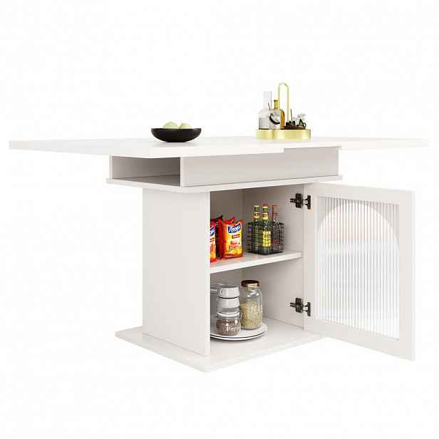 Redom JÍDELNÍ stůl 110-140/80/76 cm s rozkládací deskou a úložným prostorem, MDF a sklo, Bílá
