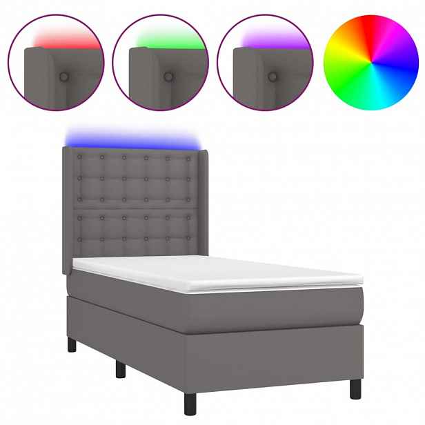 vidaXL Box spring postel s matrací a LED šedá 90x190 cm umělá kůže