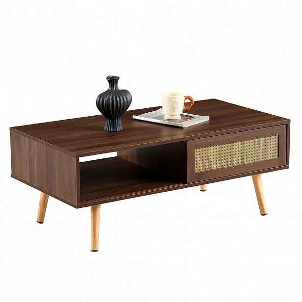 Redom KONFERENČNÍ stolek 105/55/40 cm s posuvnými dvířky a úložným prostorem, ratanový design, Hnědá