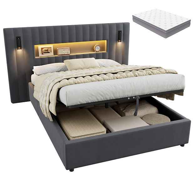 STILVORA ČALOUNĚNÁ POSTEL 90 × 200 cm s matrací, úložným prostorem, lampičkou na čtení a USB, šedá, sametový potah