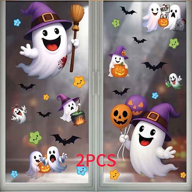 TEMU 2026 Nové 2 ks Halloweenské dekorace Kreativní kreslené pavoučí duch Statické samolepky Dýně Netopýr Skleněné samolepky/Dveře Okno/Výklad/Vitřná