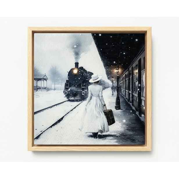 Obraz Rám Americký Box Akvarel Cestování Vlak Parovoz Žena Zima 60x60