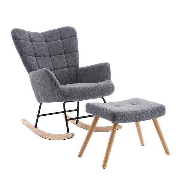 Modfu HOUPACÍ křeslo 91x61x88 cm šedá z imitace ovčí kožešiny s nezávislou opěrkou nohou, s vysokým opěradlem und s tlustým polstrováním