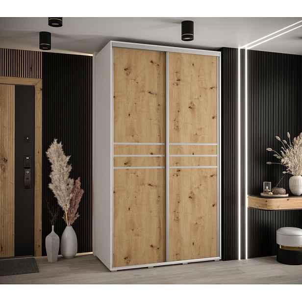 Šatní skříň YVONA 10 - 130/60 cm, bílá / dub artisan / stříbrná
