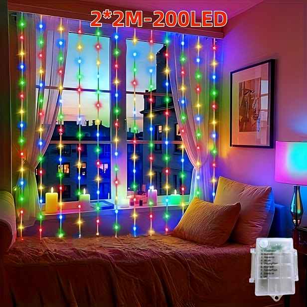 TEMU Fairy Závěsové Světla na Baterie, 2m x 2m 200 LED Závěsové Vánoční Světla pro Venkovní Atmosféru, 8 Nastavitelných Režimů, Vhodné do Interiéru,