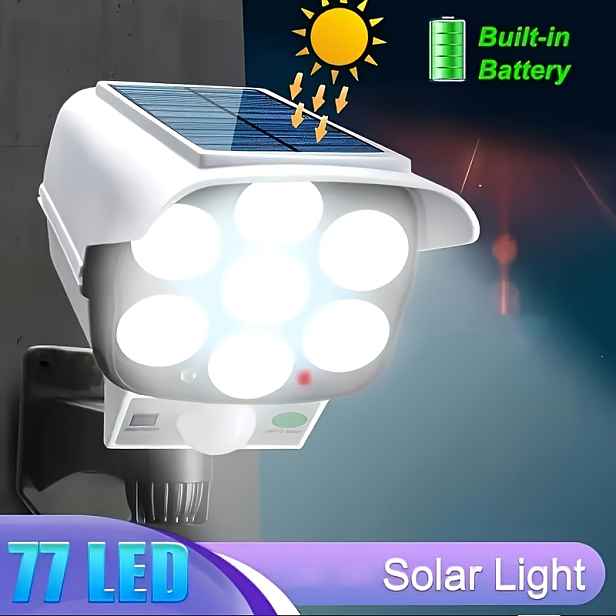 TEMU 77 ks LED solárních simulačních světel pro dohled, venkovní nástěnná světla s detekcí pohybu osob proti krádeži, bez nutnosti kabeláže, nulová