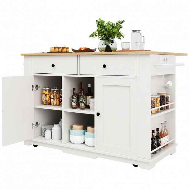 Redom KUCHYŇSKÝ ostrůvek 151,5/59,7/91,7 cm s výklopnou boční deskou, zásuvkami, úložným prostorem a kolečky, Bílá+Přírodní