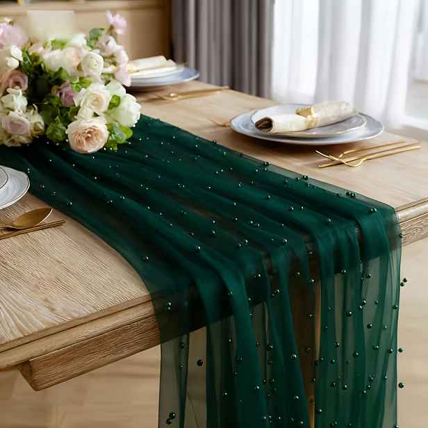 TEMU 1ks Tmavě zelený perleťový tylový běhoun na stůl | 80,66 cm * 3,05 metru, více velikostí, polyester, obdélníkový, jednobarevný, ideální pro