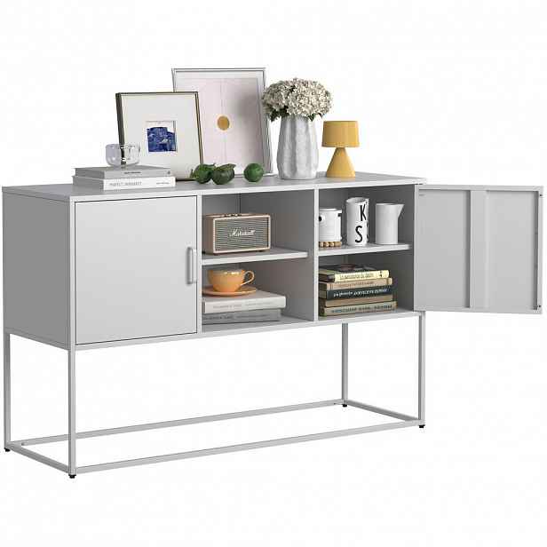 OKWISH BOČNÍ skříň 75/120/40 cm bílá z kovu se 6 přihrádkami a tichým magnetickým zavíráním