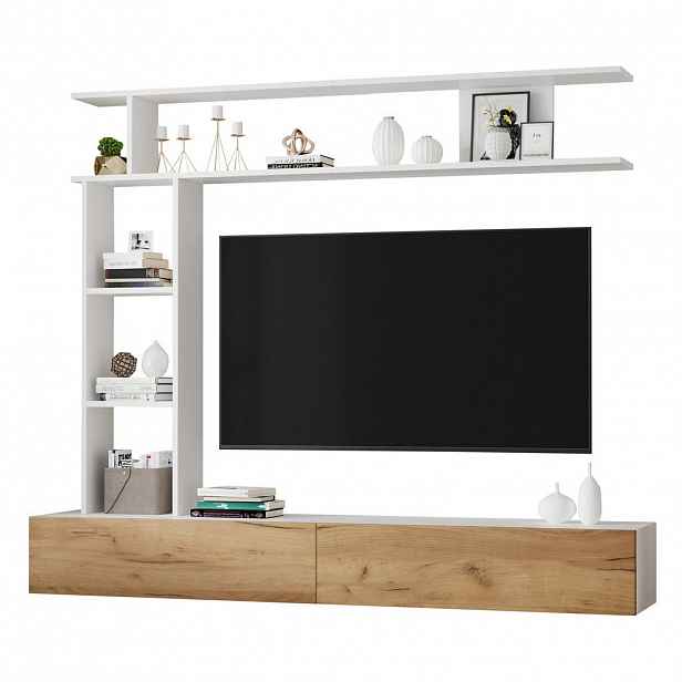 Redom TV sestava 180/35/22,5 cm s úložným prostorem, nástěnným i volně stojícím provedením a tichým dovíráním, Bílá/Dub