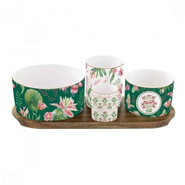 Sada 4 porcelánových misek s dřevěným podnosem, "Botanique Chic" - Eas