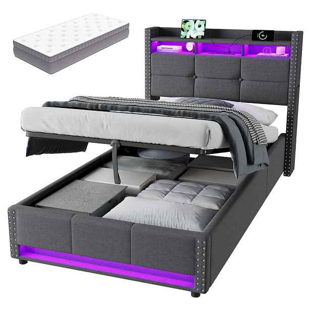 STILVORA ČALOUNĚNÁ POSTEL 90 × 200 cm s matrací, úložným prostorem, LED a USB, šedá, lněný potah