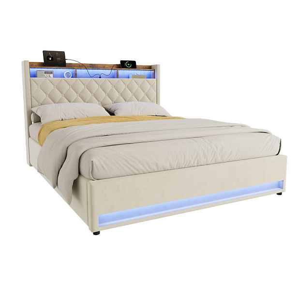 WISHDOR ČALOUNĚNÁ POSTEL 160/200 cm v béžovém sametu, s matrací, úložným prostorem, USB a LED