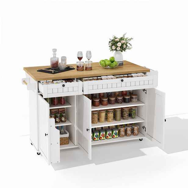 OKWISH KUCHYŇSKÝ ostrůvek 137/45/89,5 cm přírodní+bílá z MDF s klopnou pracovní deskou a úložným prostorem