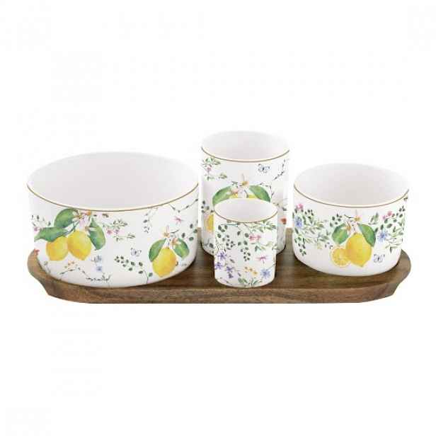 Sada 4 porcelánových misek, s dřevěným servírovacím podnosem, "Fleurs