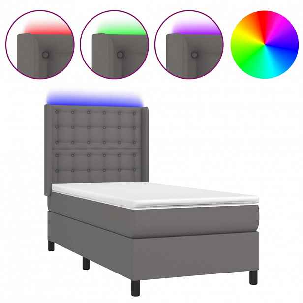 vidaXL Box spring postel s matrací a LED šedá 90x200 cm umělá kůže