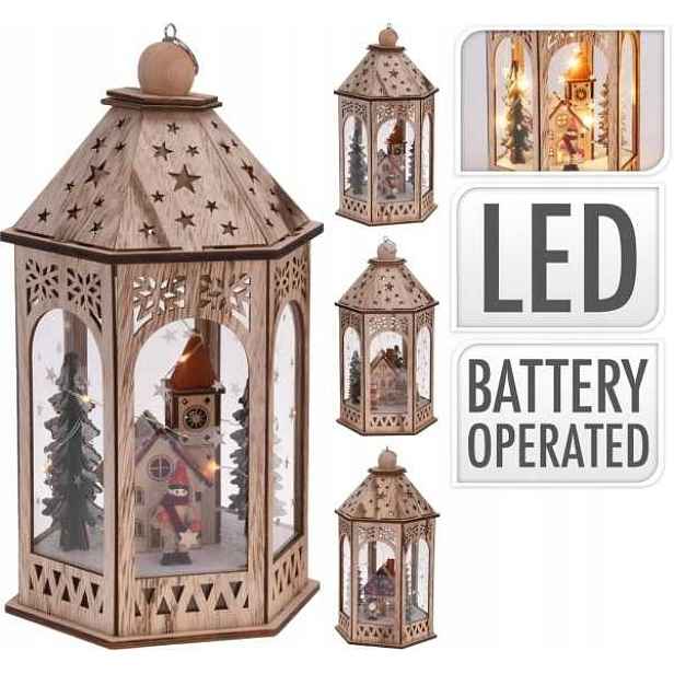 Dřevěná lucerna s vánoční scénou a Led 29 Cm