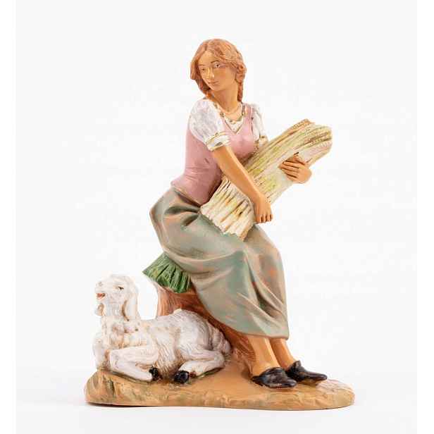 Figurka do betlému Fontanini – sedící pastýřka s ovcí – pro figurky o výšce 19 Cm