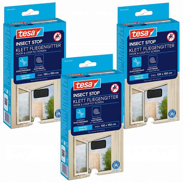 Tesa Moskytiéra na okno, okenní síť, páska na suchý zip, černá, 1,3 x 1,5 m x 3