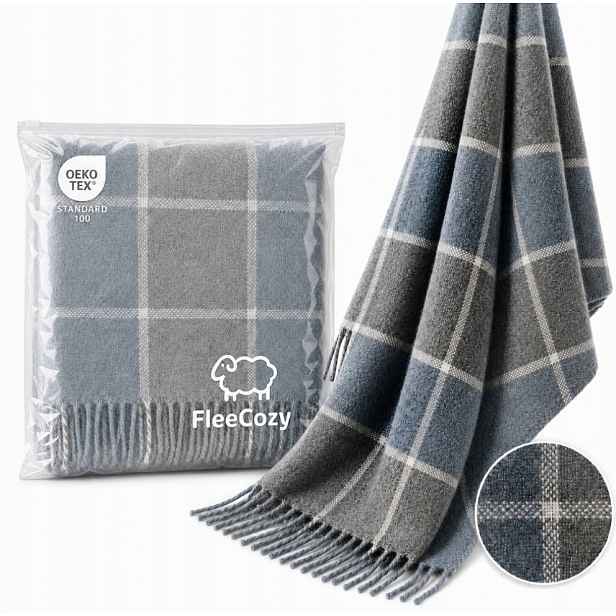 Deka 140x200 modro-šedá kostkovaná pléd s vlnou 285 g/m² třásně na pohovku