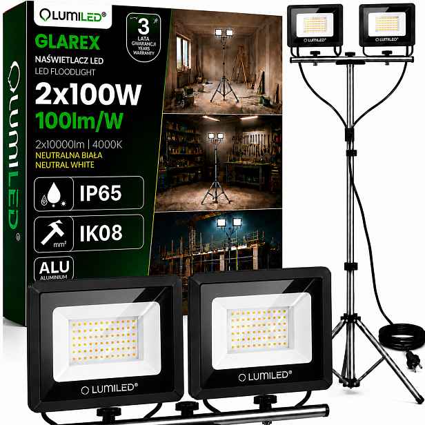 Led reflektor na stativu 2x 100W Halogen Stavební pracovní pro garáž