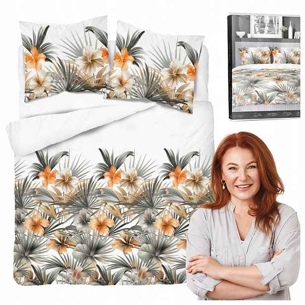 Povlečení 160X200 Bílé S Oranžovými Květy A Palmami
