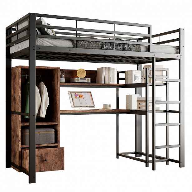 STILVORA HOCHBETT 90/200 cm in Schwarz mit Schreibtisch, 1 Schublade, Regal und LED