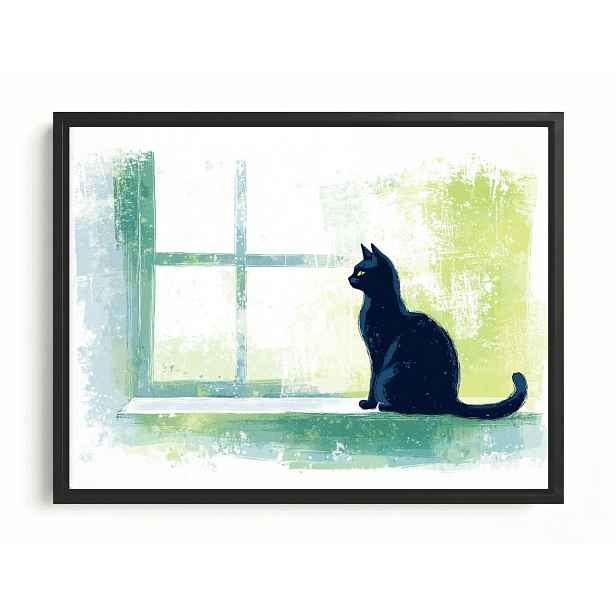 Obraz Rám Americká Krabička Kresba Grafika Černá Kočka Okno Pozorovatel 80x60