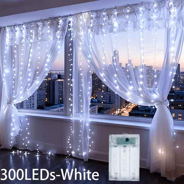 TEMU 1 balení × pohádková závěsová světla, 300 LED na baterie, 3 barvy světla teplá bílá/bílá/vícebarevná, 8 světelných režimů, dekorace na okno do
