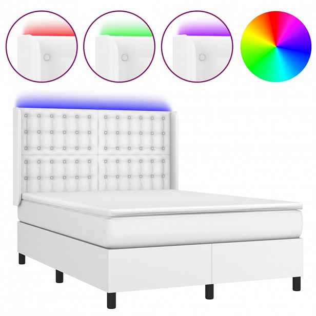 vidaXL Box spring postel s matrací a LED bílá 140x190 cm umělá kůže