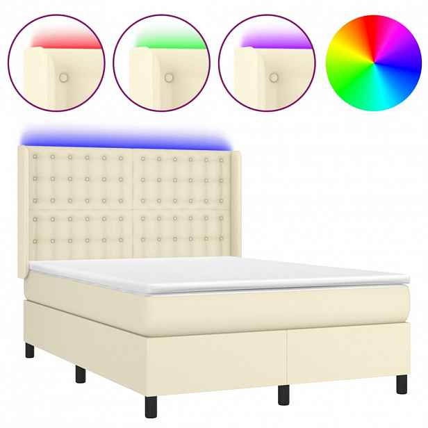 vidaXL Box spring postel s matrací a LED krémová 140x190 cm umělá kůže