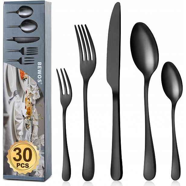 Sada příborů pro 6 osob, 30 kusů, černá matná sada příborů
