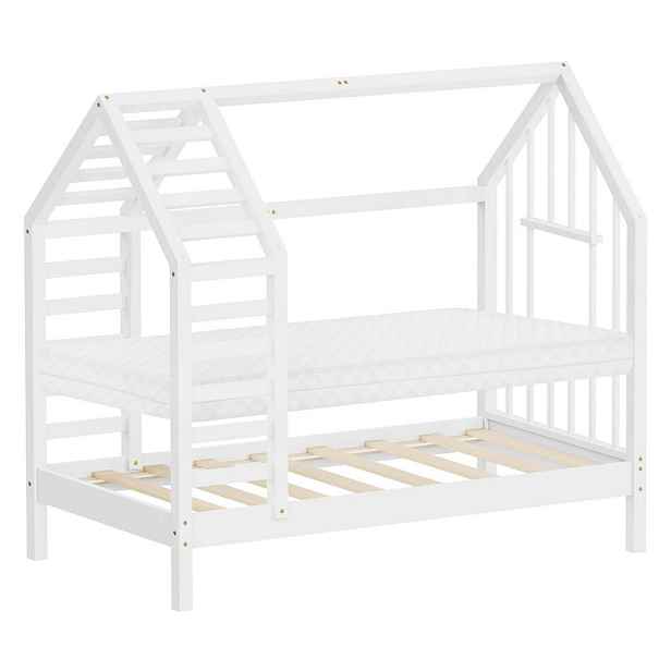 ML-DESIGN DĚTSKÁ POSTEL 70 x 140 cm s matrací, lamelovým roštem a střechou – postel ve tvaru domečku z masivního borovicového dřeva, bílá