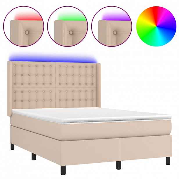 vidaXL Box spring postel matrace a LED cappuccino 140x190cm umělá kůže