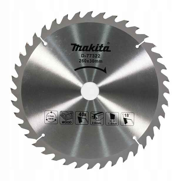 Kotoučová pila na dřevo Makita D-77322 Tct 260x30x2,6 mm 40T s vidlicí