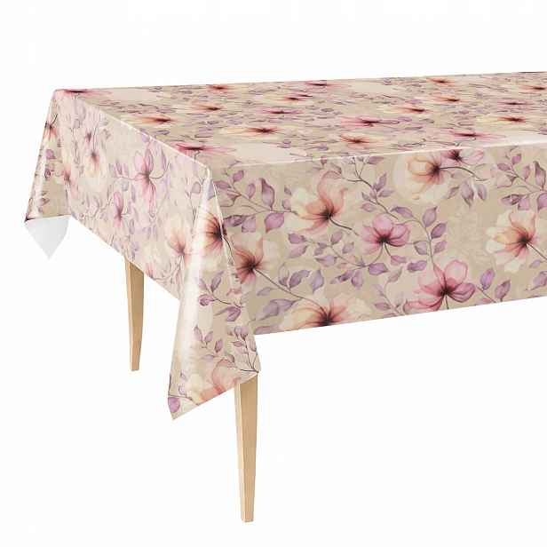 Tlustý ubrus na stůl 140 x 500 cm, omyvatelný, voděodolný, růžové květy