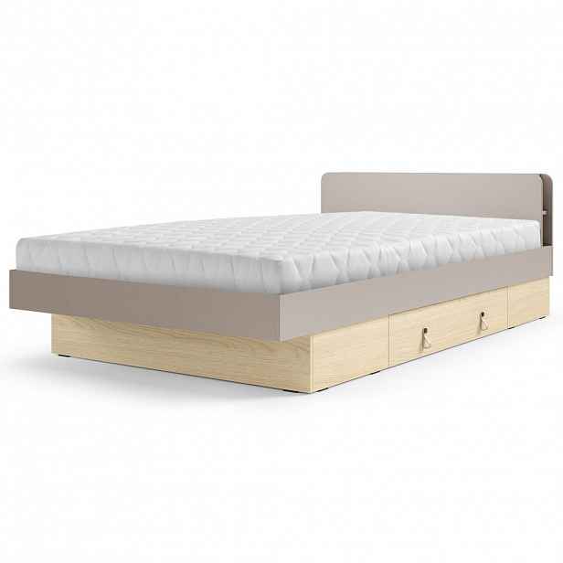 Beautysofa POSTEL Sorella 120 × 200 cm s lamelovým roštem a úložnou zásuvkou, s matrací 26 cm, porcini + dub Mavelie