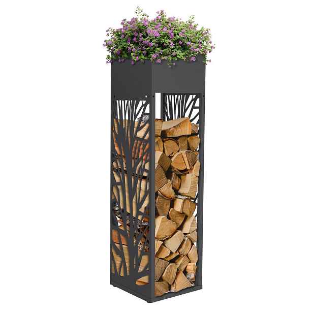 ML-DESIGN REGÁL NA DŘEVO Venkovní kovový regál na palivové dřevo s květináčem z pozinkované oceli, antracitový, 30 x 30 x 111 cm, motiv větviček